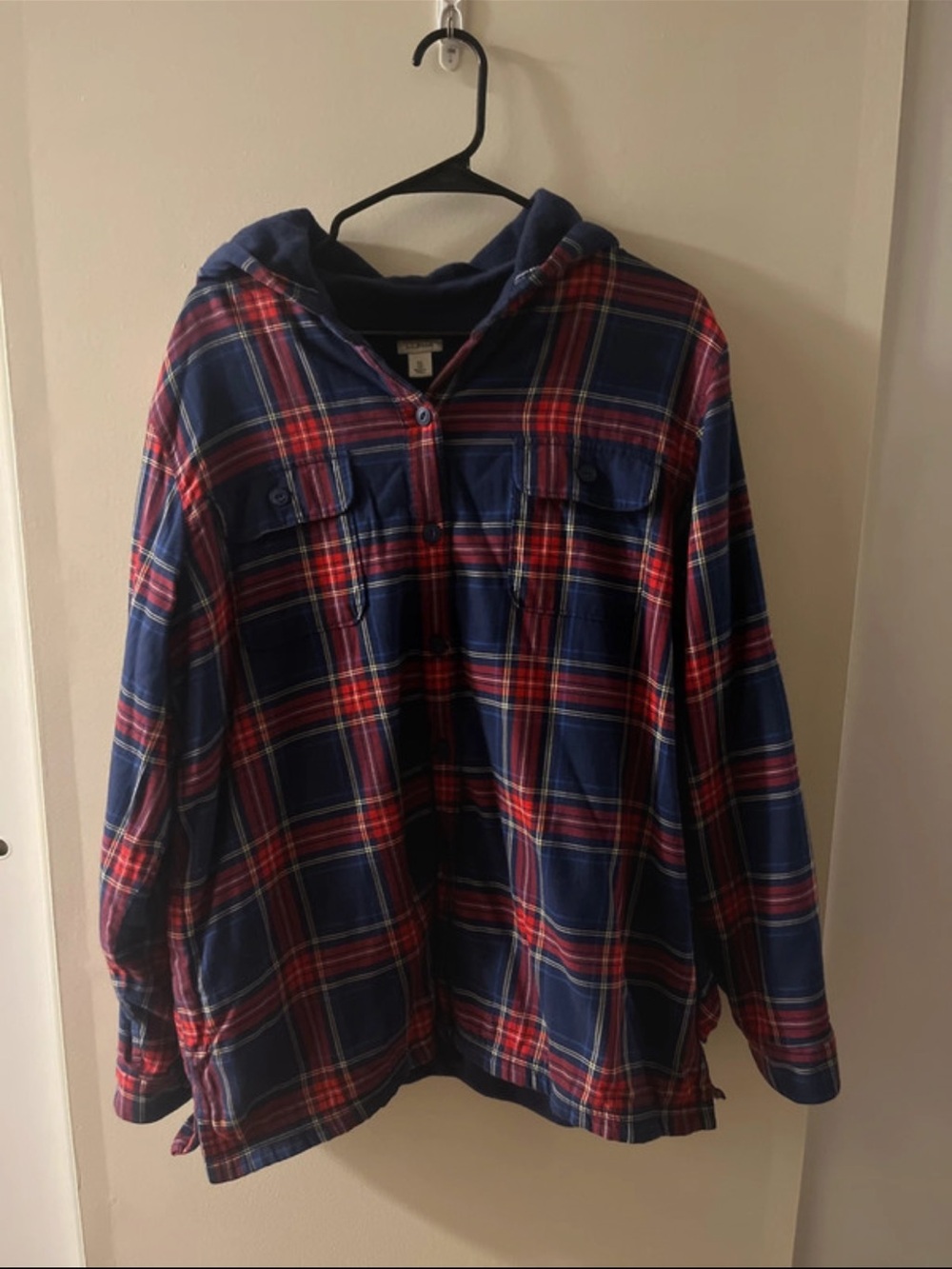 L.L.Bean Scotch Plaid Flannel Hooded Shirt Blue & Red XL